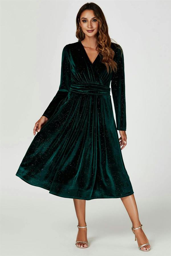 FS Collection Silver Sparkly Velvet Wrap Top Midi Dress In Green