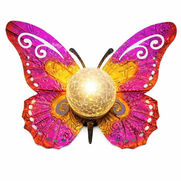 Gardenwize Solar Garden Ornament – Metal Sunset Butterfly with LED Crackle Glass Ball
