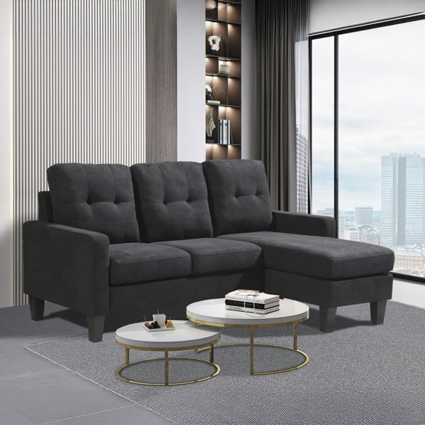Kosy Koala Corner Sofa Fabric Sectional Sofa with Ottoman L-shaped  Black Sofa Couch Reversible 3-Seater