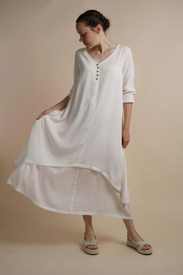 Antonia York White Layered Dress | Chelsea Loose Fitting Dress with Front Button Detail