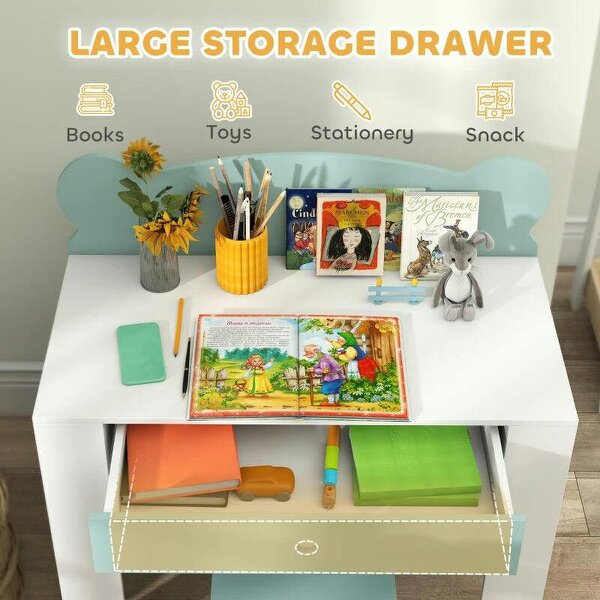 Kids Desk and Chair Set with Drawer for Drawing, Reading, Bear Theme Children Furniture for Bedroom, Daycare, Green