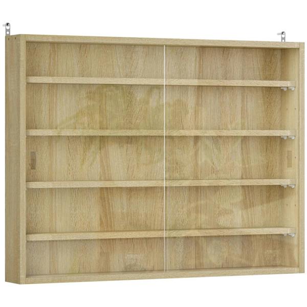 Oak wall display shelf cabinet with glass doors and adjustable shelves