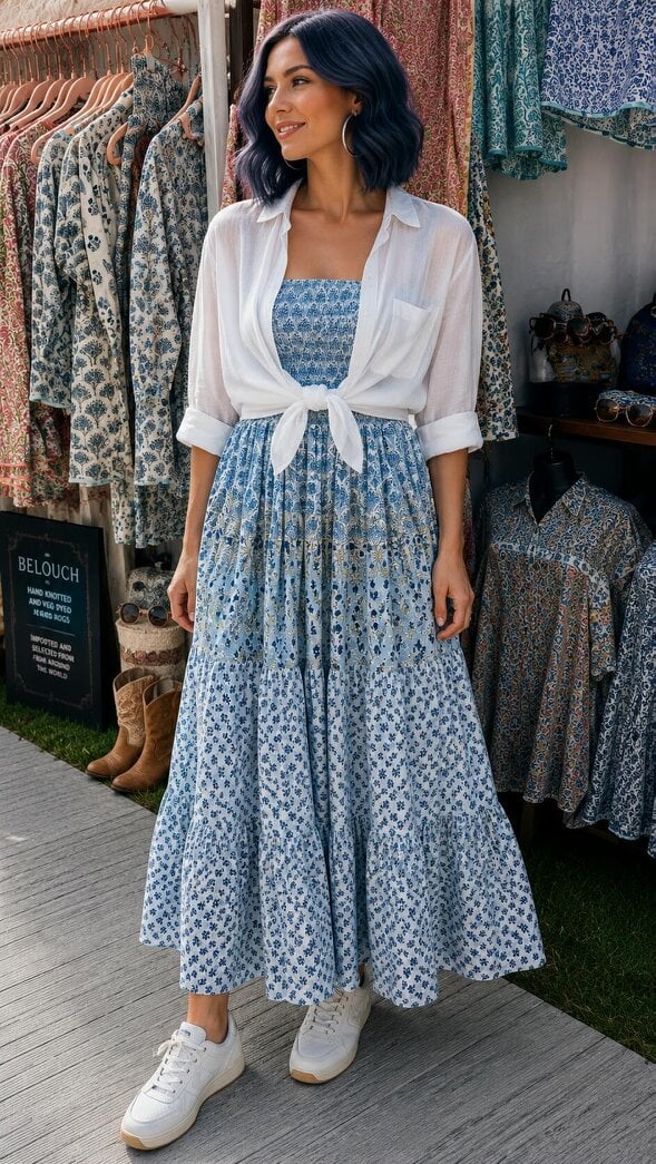 Shirred bodice blues sun dress in woodblock printed cotton voile. Can be worn as a sun dress or as a maxi skirt .