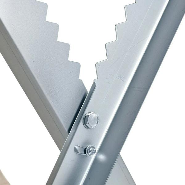 Silver metal sawhorse hinge and locking hardware on the adjustable support frame