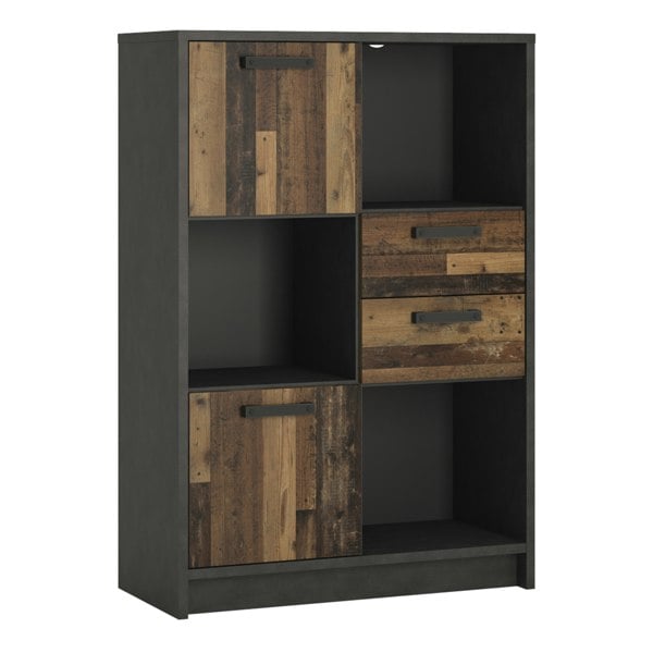 Furniture To Go Brooklyn Low Bookcase with 2 Doors and 2 Drawers in Walnut and Dark Matera Grey