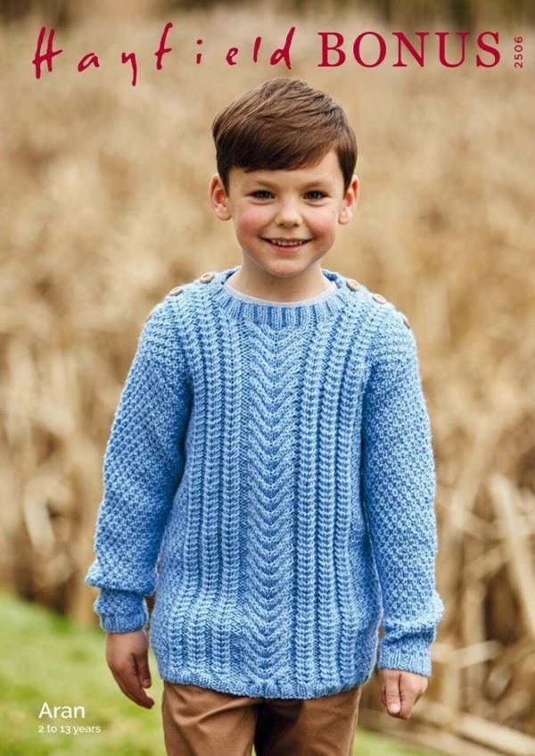 Hayfield Bonus Aran Knitting Pattern 2506, Sweaters for Kids, 2 - 13 Years - Intermediate