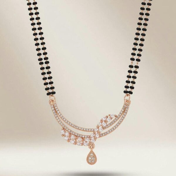 The Colourful Aura Rose Gold CZ Crystal Marquise Leaf Mangalsutra Black Bead Necklace