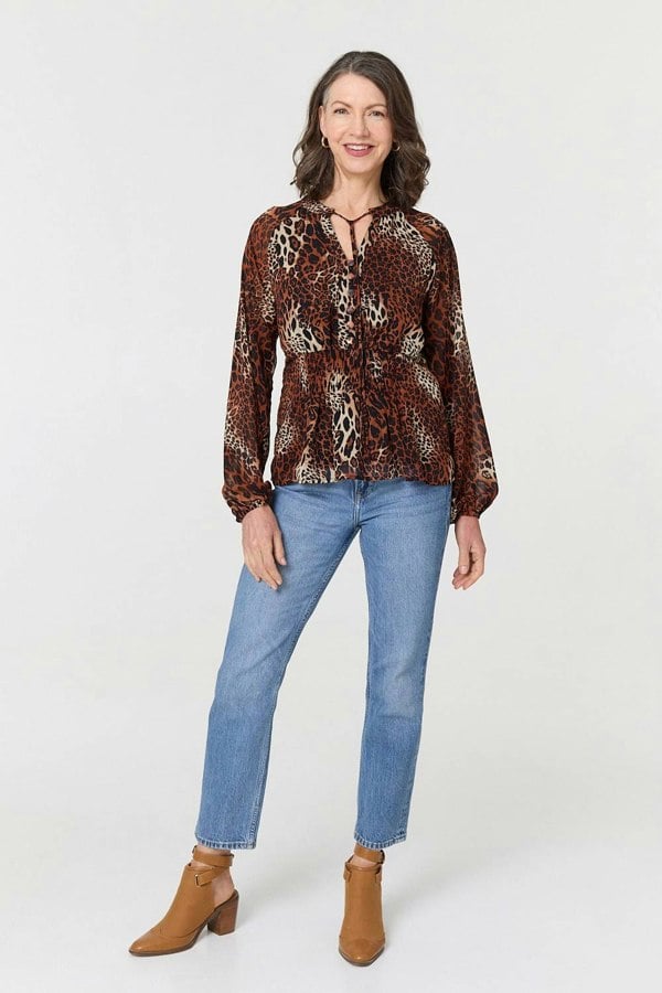 Brown | Animal Print Long Sleeve Tie Neck Blouse
