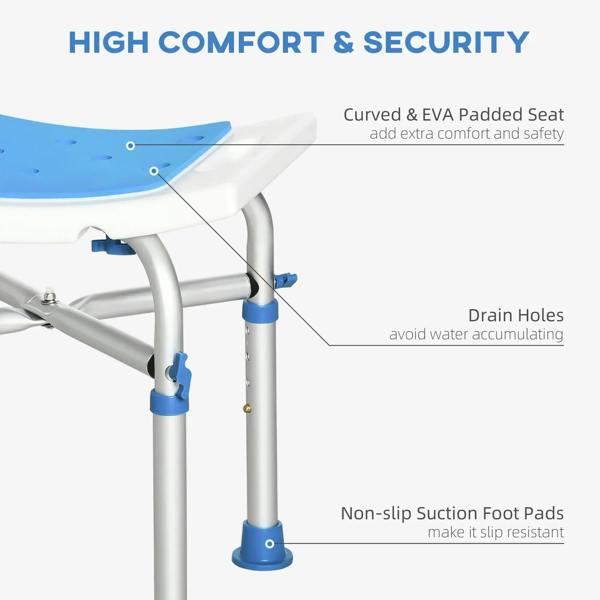 Curved EVA padded blue seat, drain holes, and non-slip suction foot pads