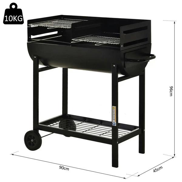 Black charcoal BBQ grill dimensions view, two cooking grates, lower shelf, and wheels