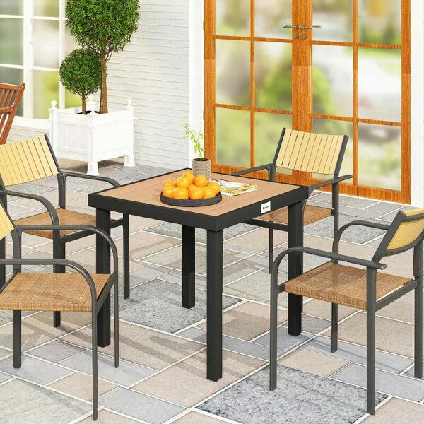 78 cm Garden Dining Table for 4 People, Square Outdoor Coffee End Side Table with Aluminium Legs, Natural Wood Finish - Natural wood finish