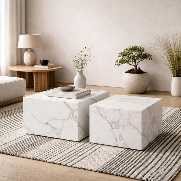 Wyld Haus Set of 2 Munkebo White Marble Carrara Square Coffee Tables