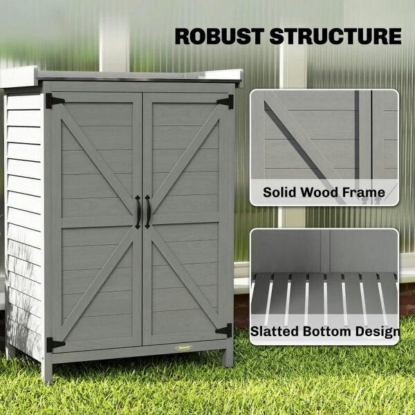 Wooden Garden Shed, Garden Tool Storage Shed with Shelf and Side Hooks, 71.5 x 39 x 95 cm, Grey