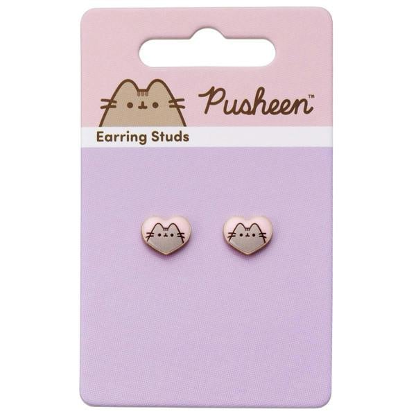 Pusheen the Cat Pink Enamel and Gold Heart Stud Earrings
