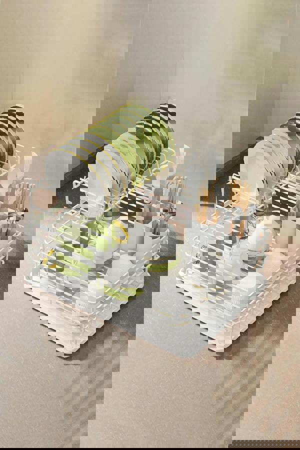 Living and Home Kitchen 2-Tier Metal Dish Drainer Rack Detachable Storage Drip Tray Sink Washing Plates Draining Board - White