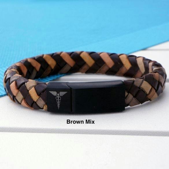 Christopher James of London Unisex Leather and Stainless Steel Medic Bracelet with Free Engraving - Brown Mix