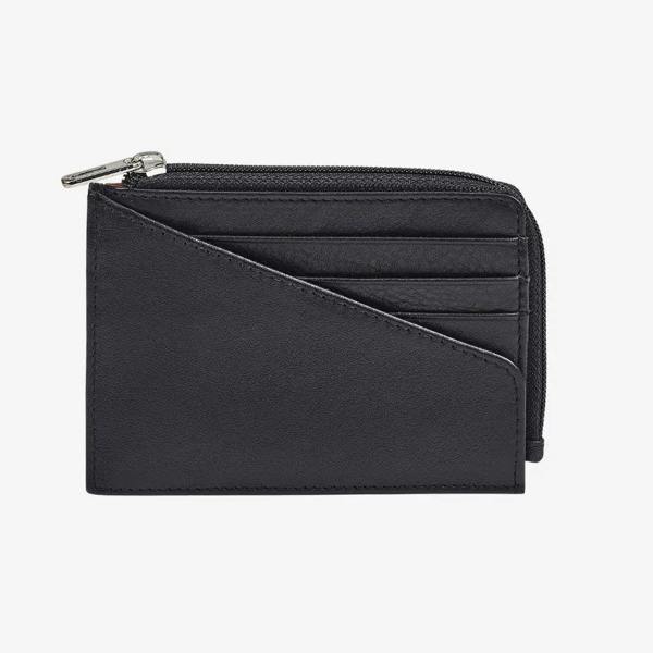 Women's leather zip card holder in black real leather