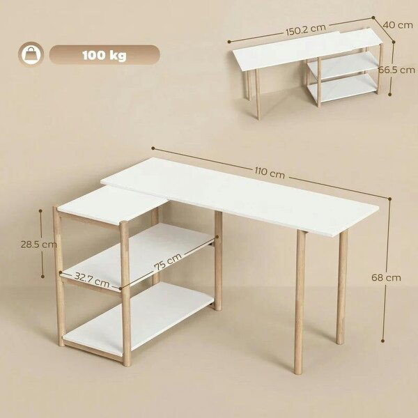 Computer Desk with Storage Shelves Modern Writing Desk Bamboo Frame for Home Office 150 cm White and Oak