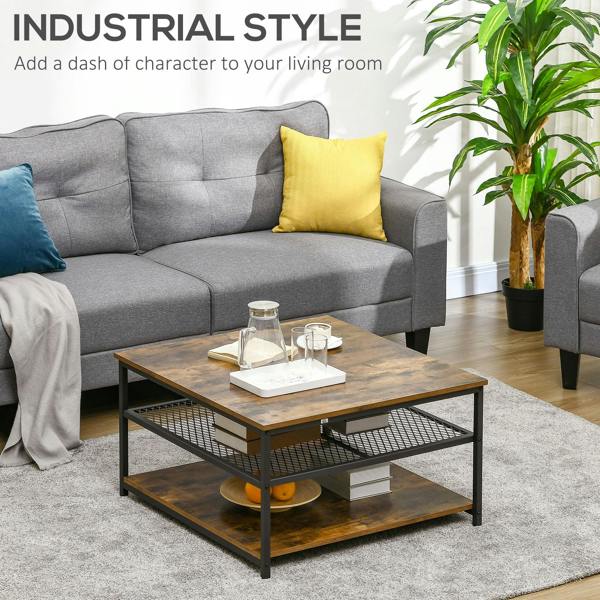 Wyld Haus Nafata Wooden Rustic Brown Square Coffee Table With 3 Tier Shelves
