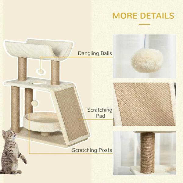 Cat tree details: dangling balls, scratching posts, and angled scratching pad