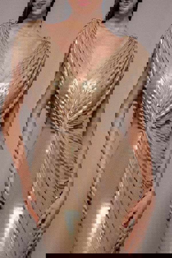 Cowl Plunge Draped Foil Maxi Dress - Gold DR4925