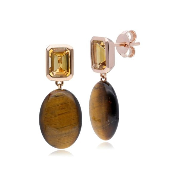 270E034501925 ECFEW™ Unifier Citrine & Tiger's Eye Drop Earrings In Rose Gold Plated Silver 1