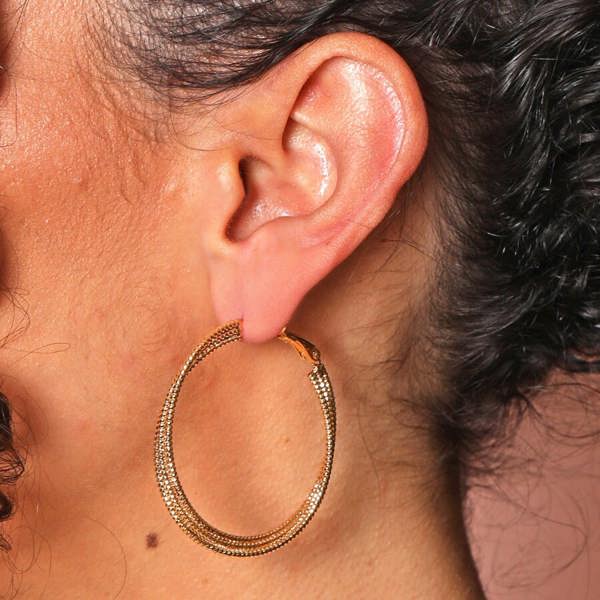 Gold Triple Layered Thread Hoop Earrings - alternative angle