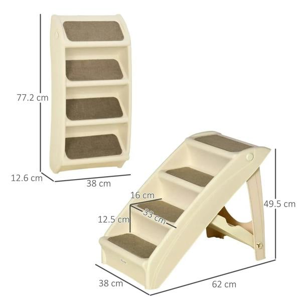 Foldable beige four-step pet stairs with gray tread pads and side frame