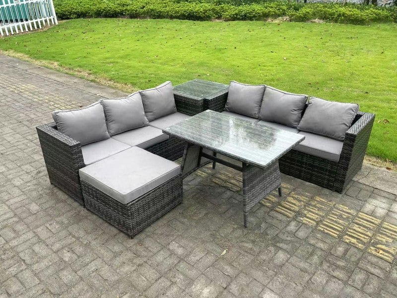 Fimous 7 Seater Rattan Garden Dining Set Outdoor Furniture Sofa with Dining Table Big Footstool Side Table Dark Grey Mixed