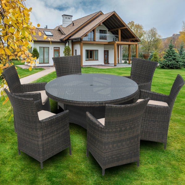 Furniture One 7 PCS Aluminium Rattan Garden Furniture 4 Seat Set, 135CM Round Tempered Glass Dining Table + 6 Chairs Set Full Assembly
