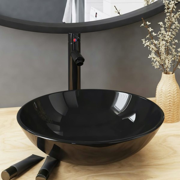 Berkfield Bathroom Sink with Tap and Push Drain Black Tempered Glass