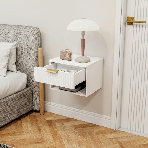 Wyld Haus Ludi Set Of 2 Wooden White Wall Mounted Bedside Tables With Fluted Drawer And Shelf