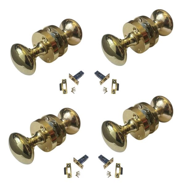 EDH Door Hardware Brass Door Knob Modern Round Rose Door Knob Brass Door Handles 4 Pairs + Latch