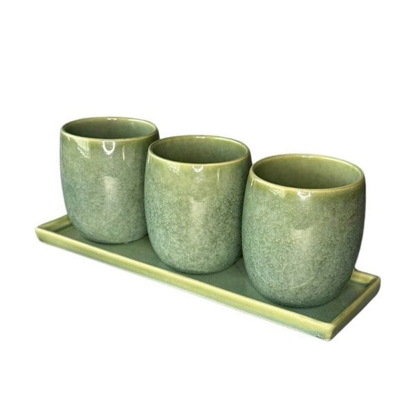 Scandi Home Set of 3 Green Reactive Glazed Ceramic Planters with Tray