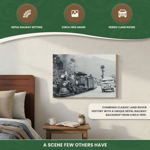Series 1 Land Rover & Train in Nepal Canvas Print, Circa 1955 Black and White Scene, 60 x 40 cm, Indoor Use