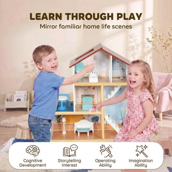 Kids Wooden Dolls House, 3-Story Dollhouse with 5 Rooms and 11 Accessories, Pretend Play Gift for Ages 3+, White