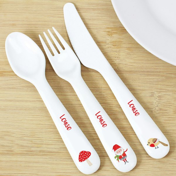 Personalised Memento Company Personalised Christmas Toadstool Santa 3 Piece Plastic Cutlery Set