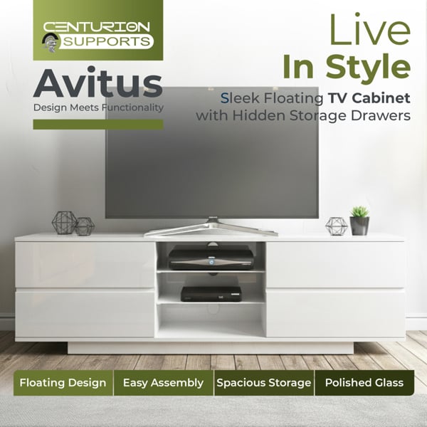 Centurion Supports Avitus Premium High Gloss White with 4-White Drawers and 3-Shelf 32"-65" LED/OLED/LCD TV Cabinet