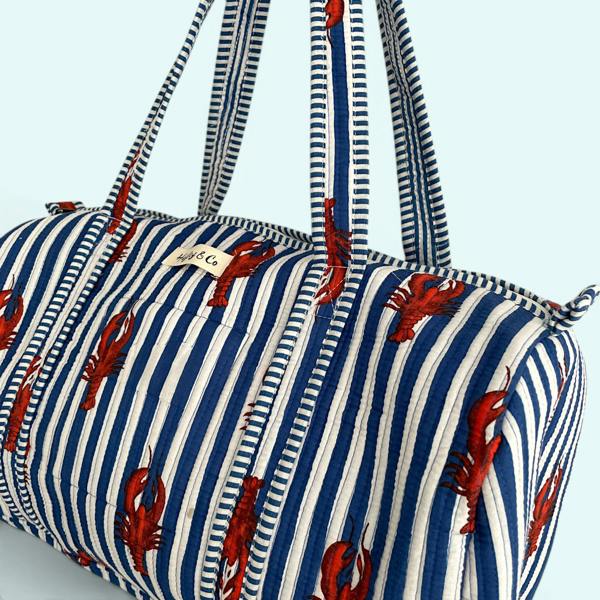 Hayley & Co Lobster Print Cotton Quilted Weekend Duffle Bag in Blue and White
