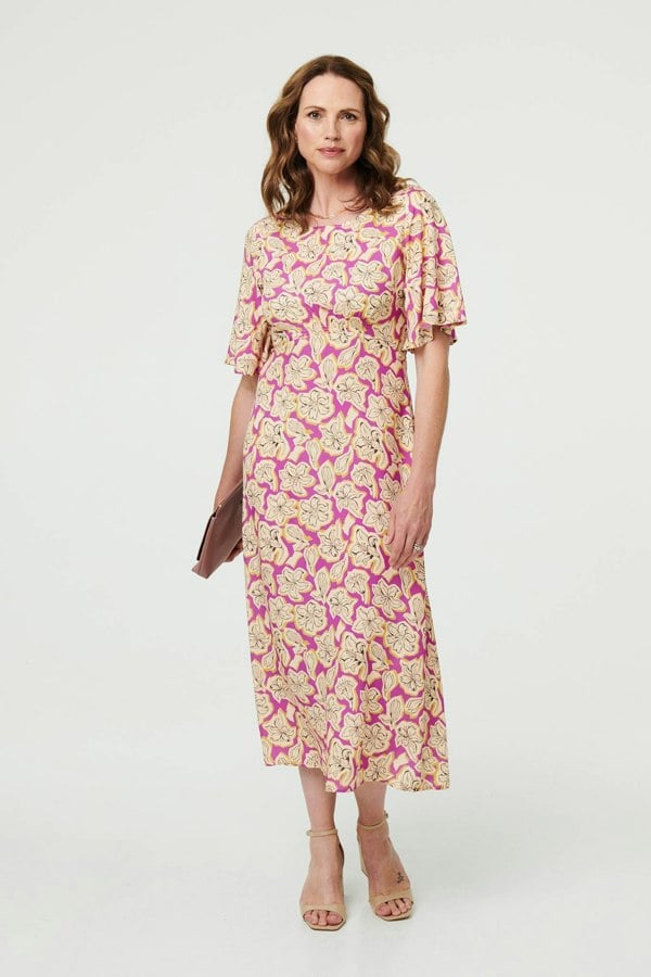 Purple | Floral 1/2 Flare Sleeve Midi Dress
