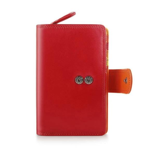 Red leather wallet with a orange buckle on a white background