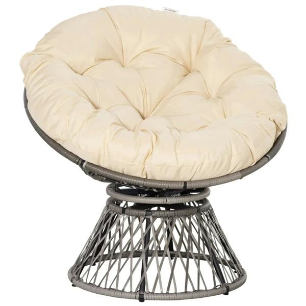 Beige padded rattan moon bowl lounge chair with woven swivel base