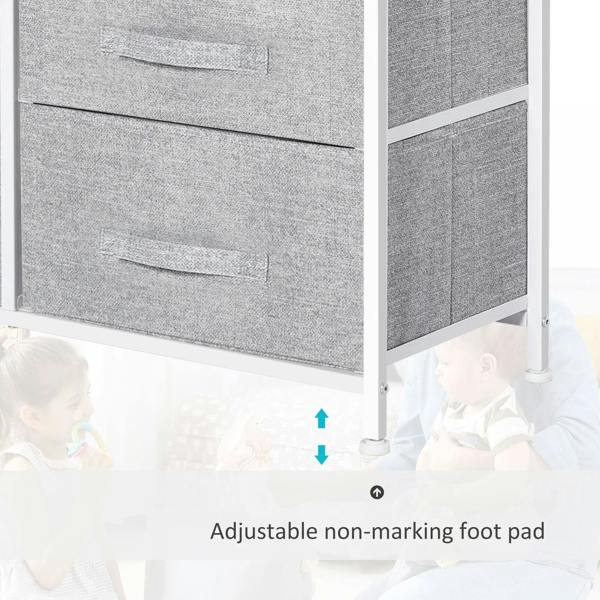 Grey linen fabric drawer front with fabric pull handle and stitched panel seams