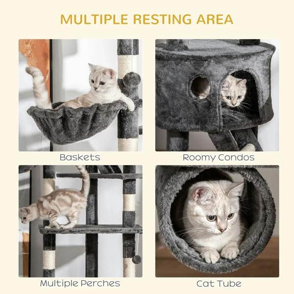 Dark grey cat tree with multiple resting areas: baskets, condos, perches, and cat tube