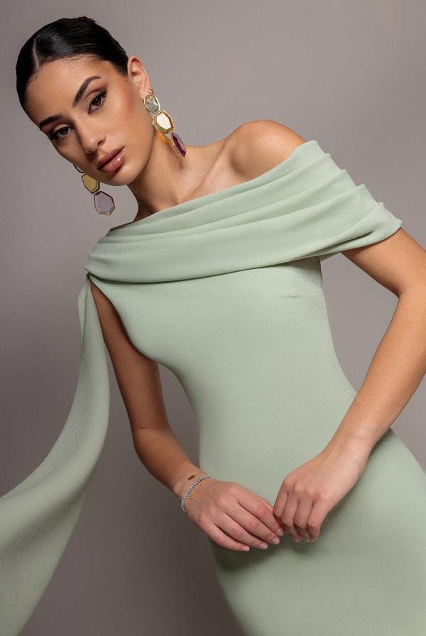 Sash One Shoulder Bardot Maxi Dress - Sage Green DR4830