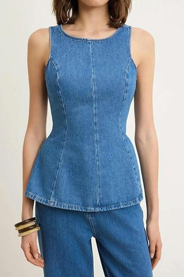 WOVCOR Strappy 100% Cotton Denim Blouse