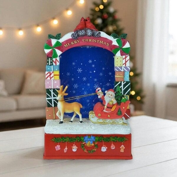 Garden Greatness Santa Sleigh and Reindeer Snowing Display Frame
