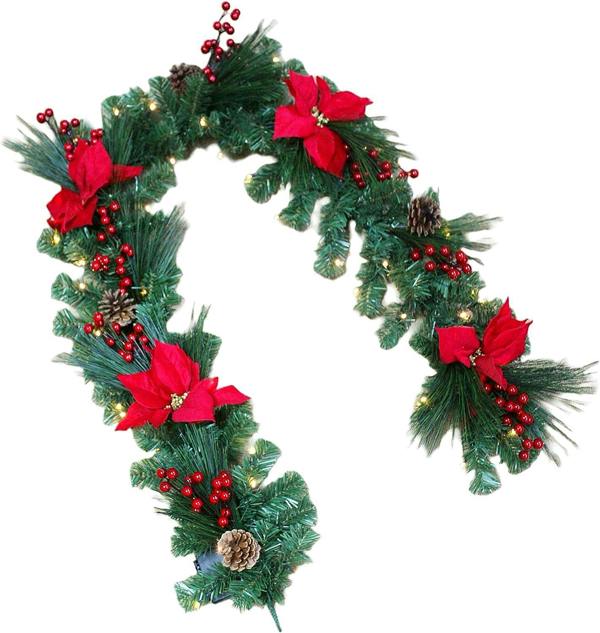 2m Pre Lit Red Poinsettia Garland with 50 Warm White LEDs for Home Display image 1