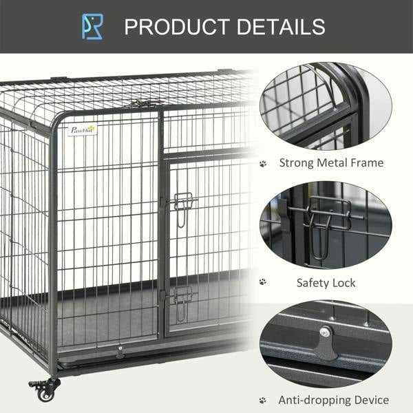 Dark grey metal dog kennel safety lock and strong frame detail