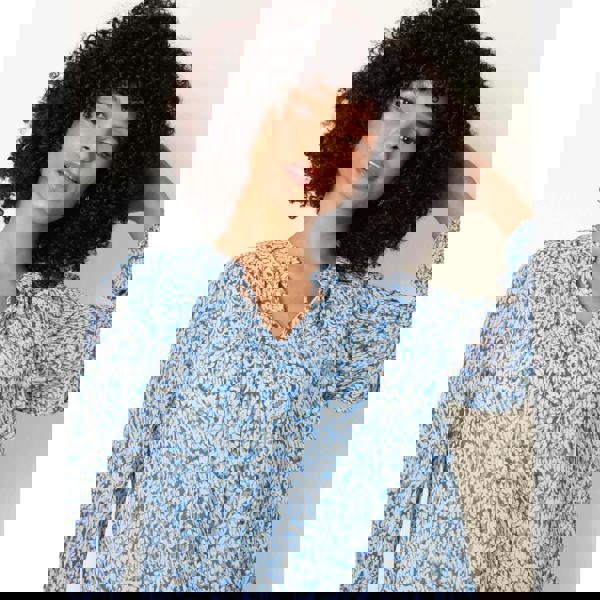 Blue Vanilla Grandad Tie Neck Puff Hem Watercolour Blouse